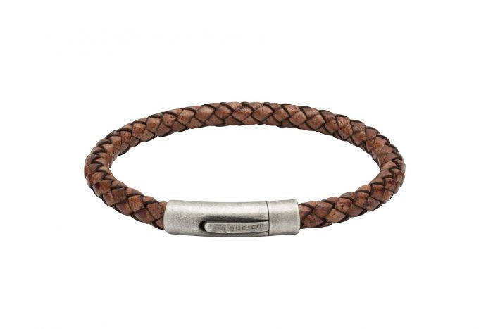 Unique and Co Mens Antique Brown Leather bracelet-Steel Clasp-Antique I.P. Plating