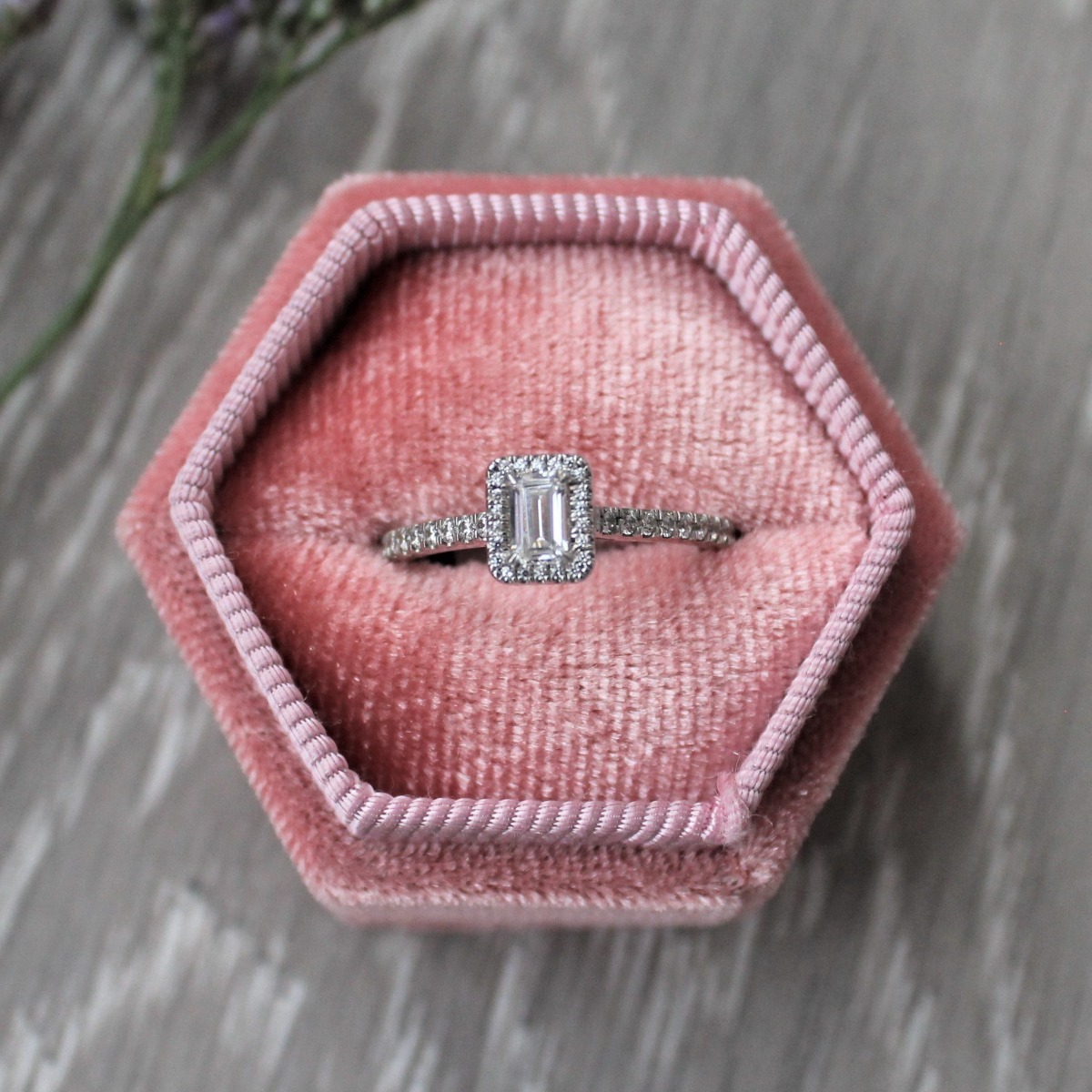 Emerald Cut Engagement Halo Ring with Diamond Set Shoulders