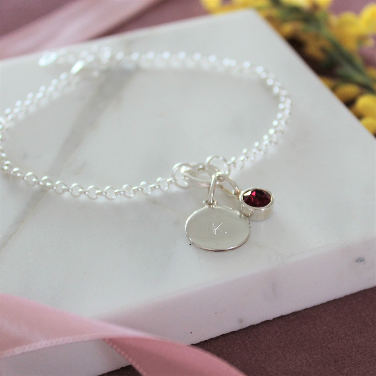 Sterling Silver Charm Bracelet - Birthstone and Disc
