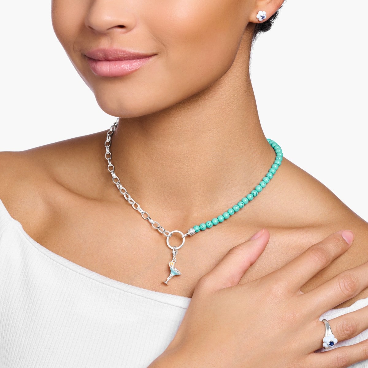 Thomas Sabo Asymmetric Silver and Turquoise Charm Necklace