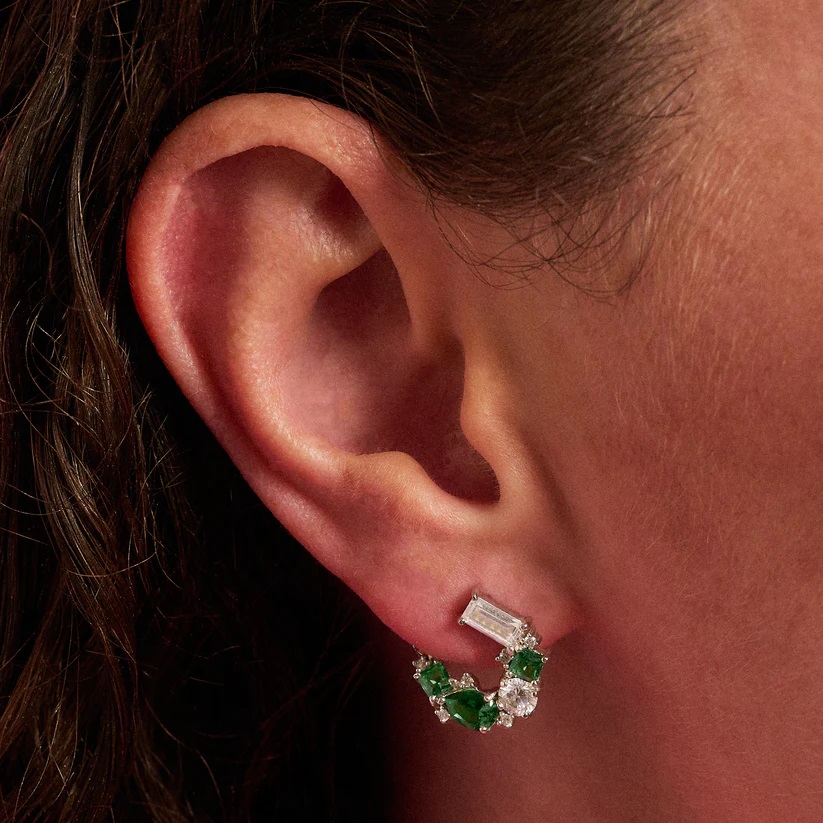 Amelia Scott Lottie Cluster Sideways Hoop Earrings with Emerald Zirconia Silver