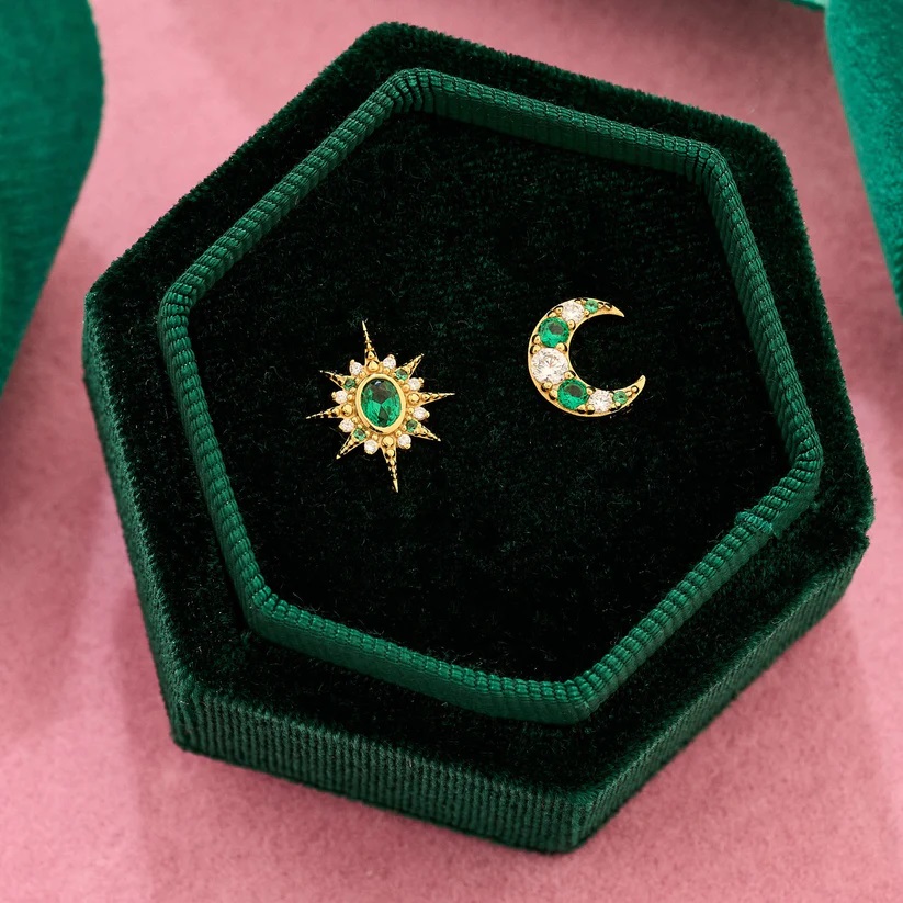 Amelia Scott Luna Mismatch Moon and Star Stud Earrings Emerald Zirconia Gold