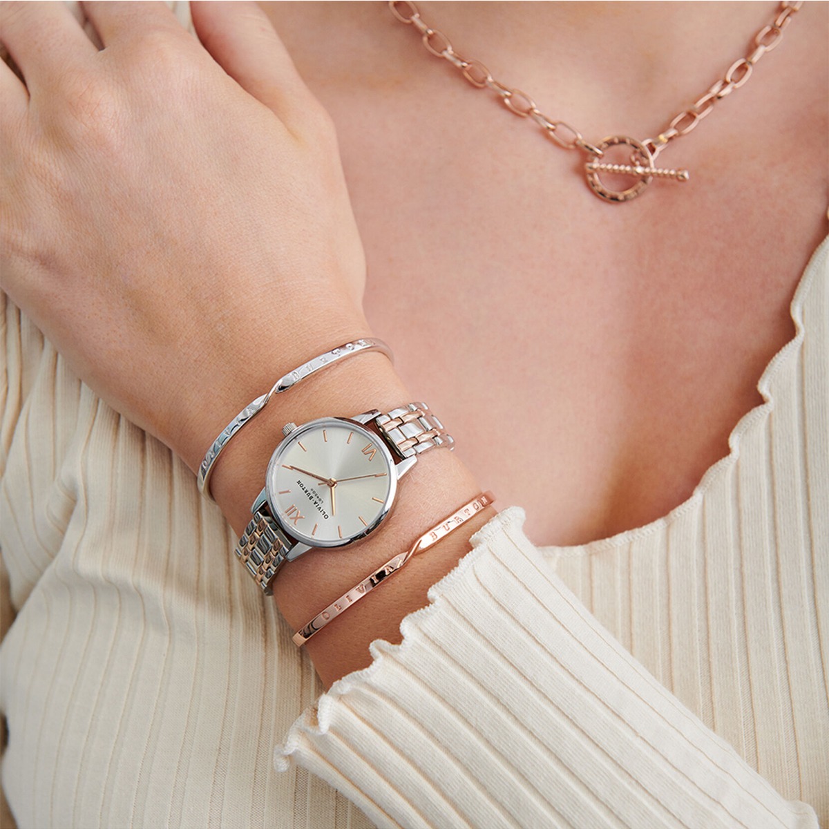Olivia Burton Midi Silver and Rose Gold Link Bracelet Watch OB16EN01