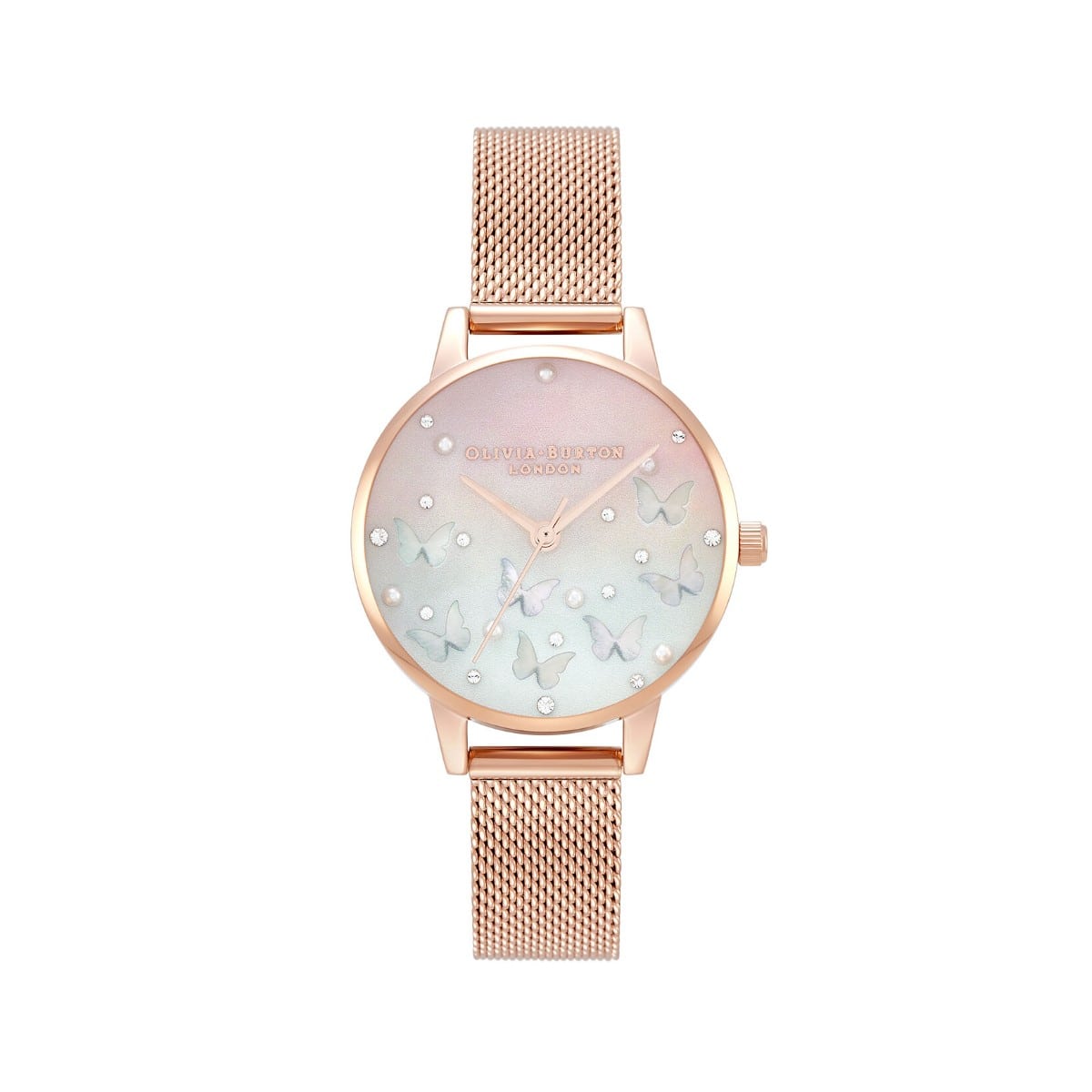 Olivia Burton Sparkle Butterfly Midi Blush Dial With Blue Mother Of Pearl Rose Gold Mesh Watch OB16MB38