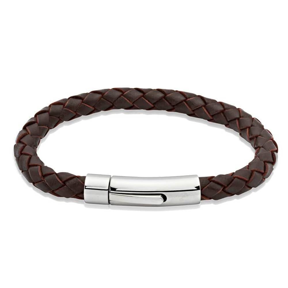 Unique & Co Mens Dark Brown Leather Bracelet, Stainless Steel Clasp / 21cm